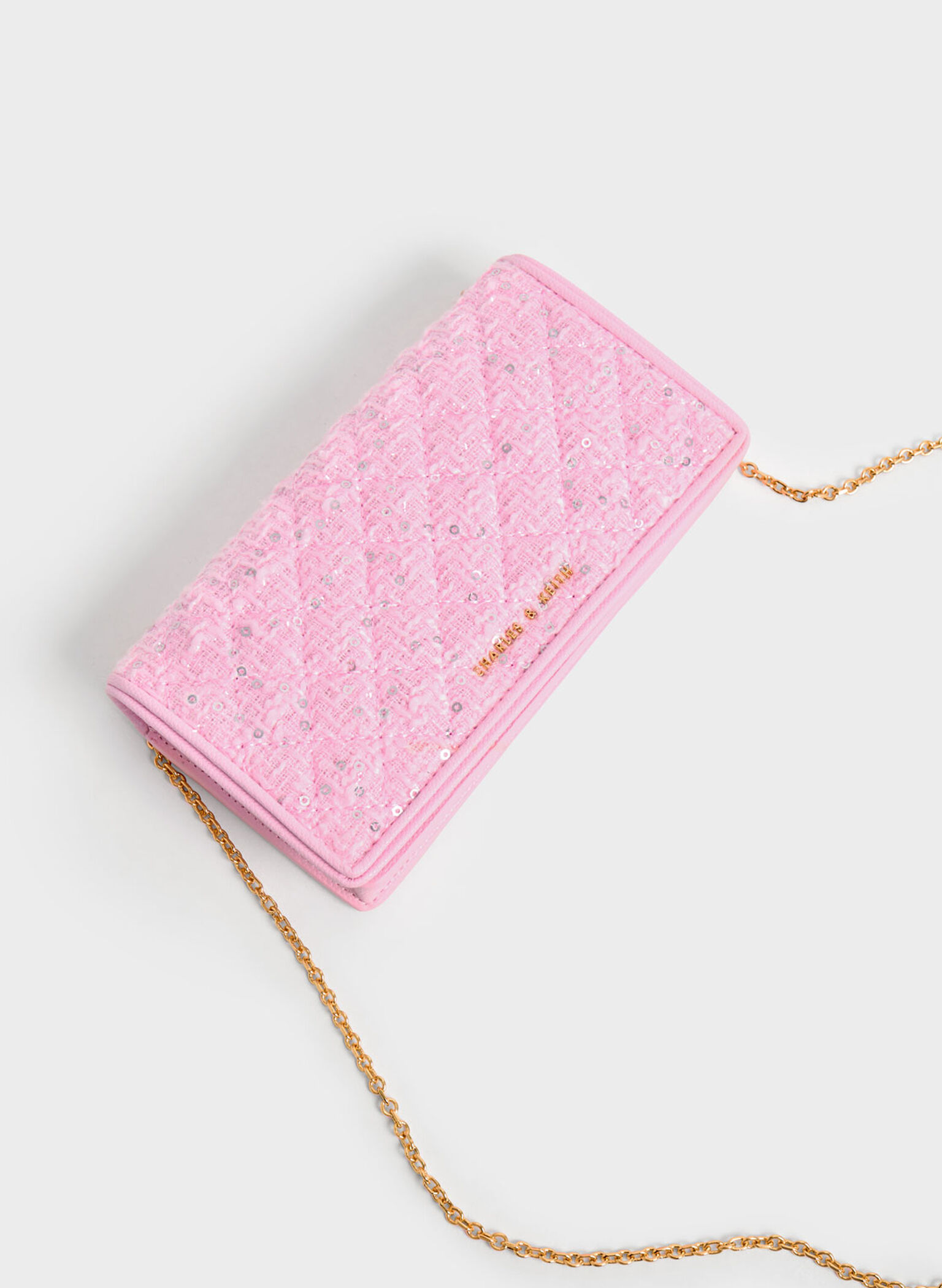 Tweed Quilted Pouch, Pink, hi-res