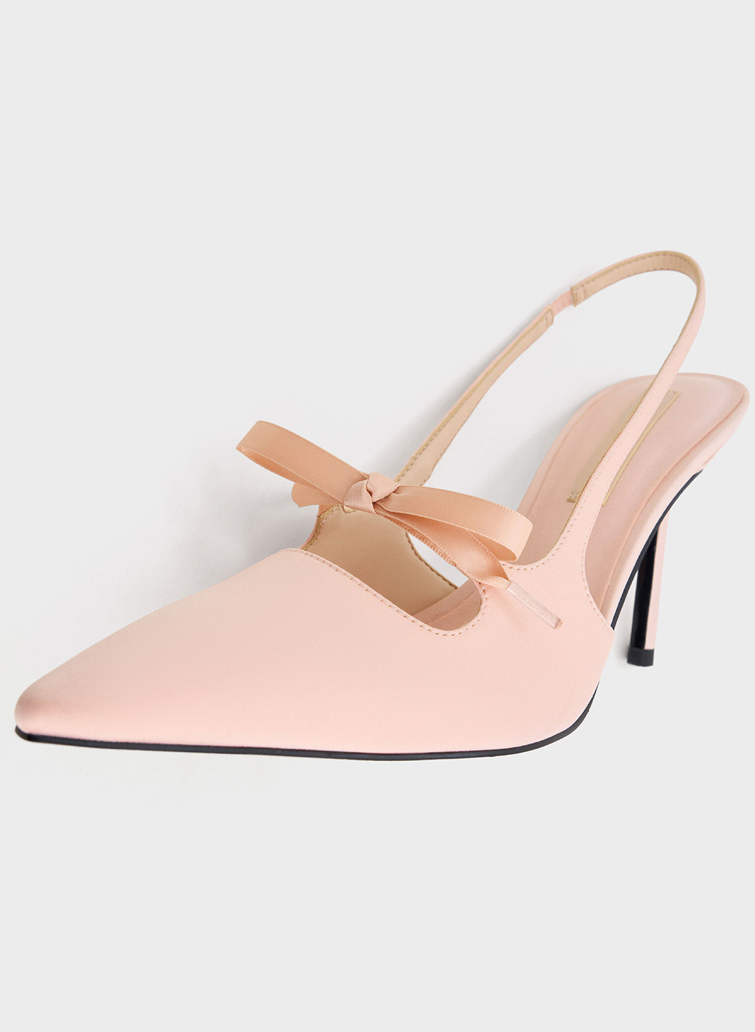 Satin Bow Pointed-Toe Slingback Pumps, Light Pink, hi-res
