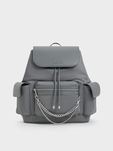 Nylon Puffy Chain-Link Backpack, Grey, hi-res