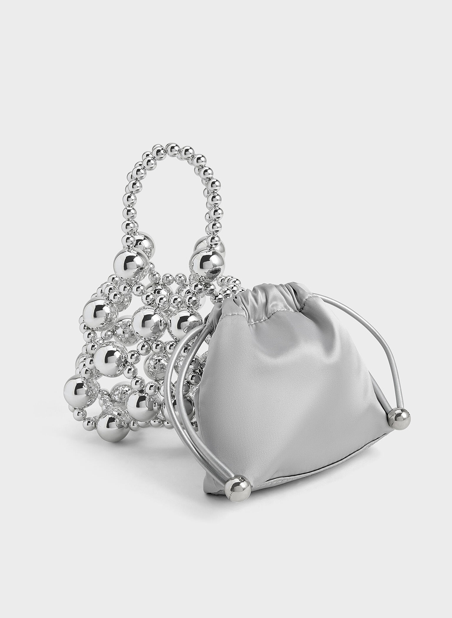 Metallic Beaded Top Handle Bag, Silver, hi-res
