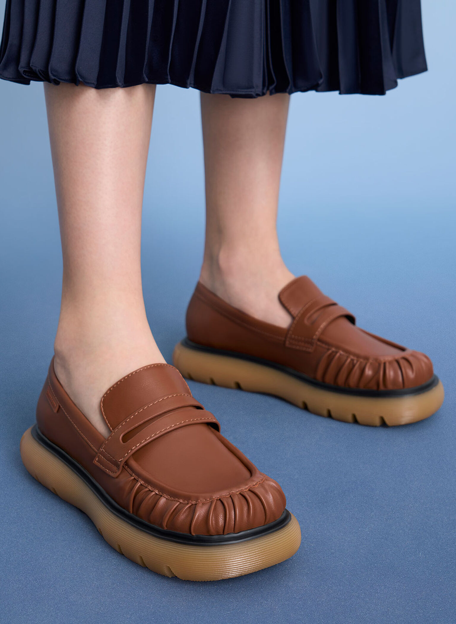 Ruched Ridged-Sole Penny Loafers, Cognac, hi-res