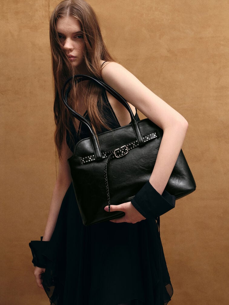 Victoria Studded Belted Trapeze Tote Bag, Noir, hi-res