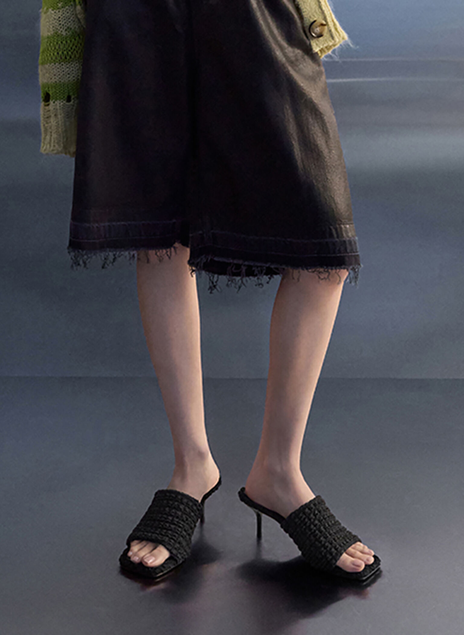 Loren Textured Kitten-Heel Mules, Black Textured, hi-res