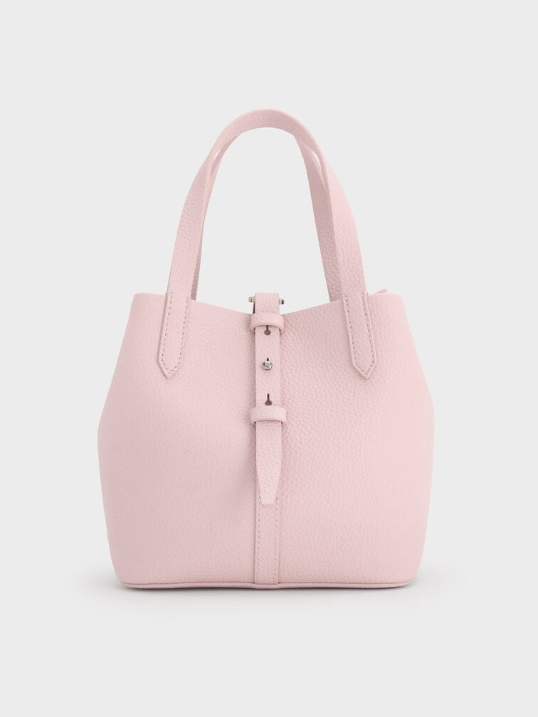 Beryl Recycled Leather Double-Handle Belted Bucket Bag, Cotton Candy Pink, hi-res