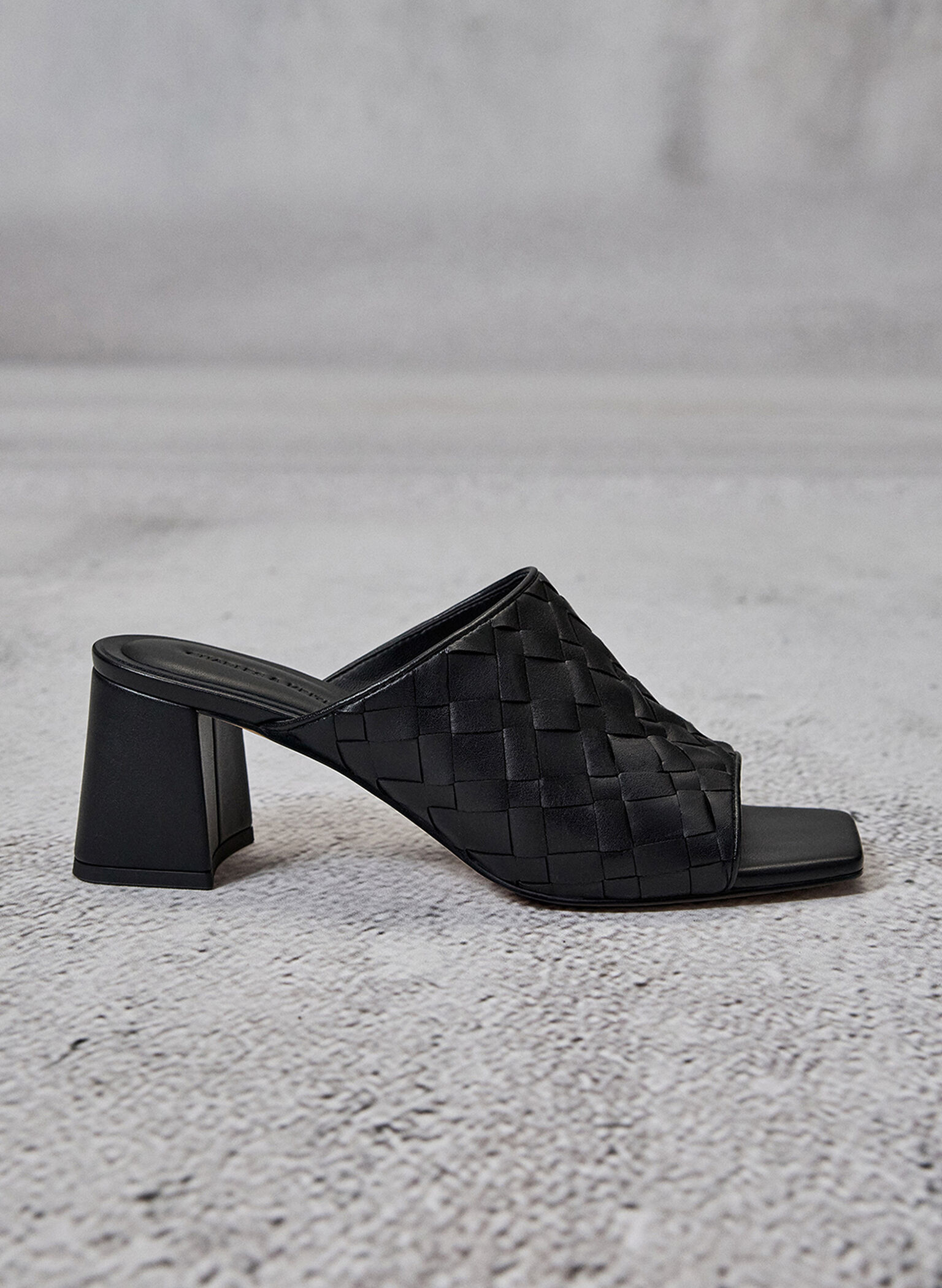Woven Square-Toe Heeled Mules, Black, hi-res