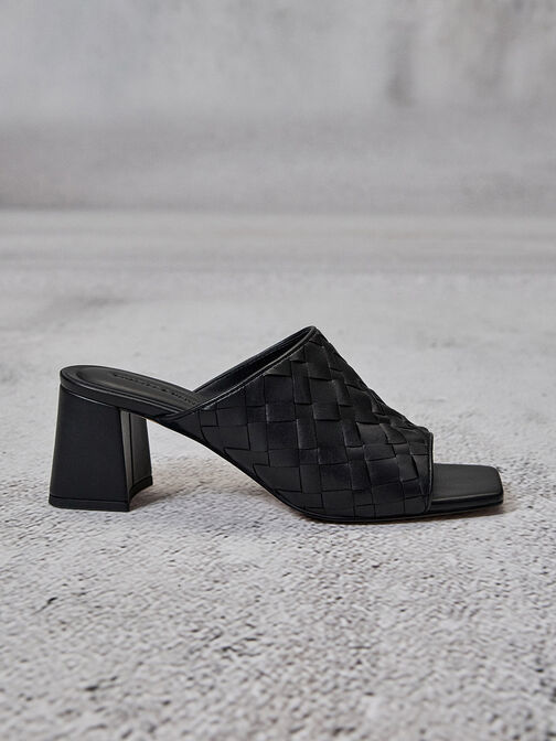 Woven Square-Toe Heeled Mules, Black, hi-res