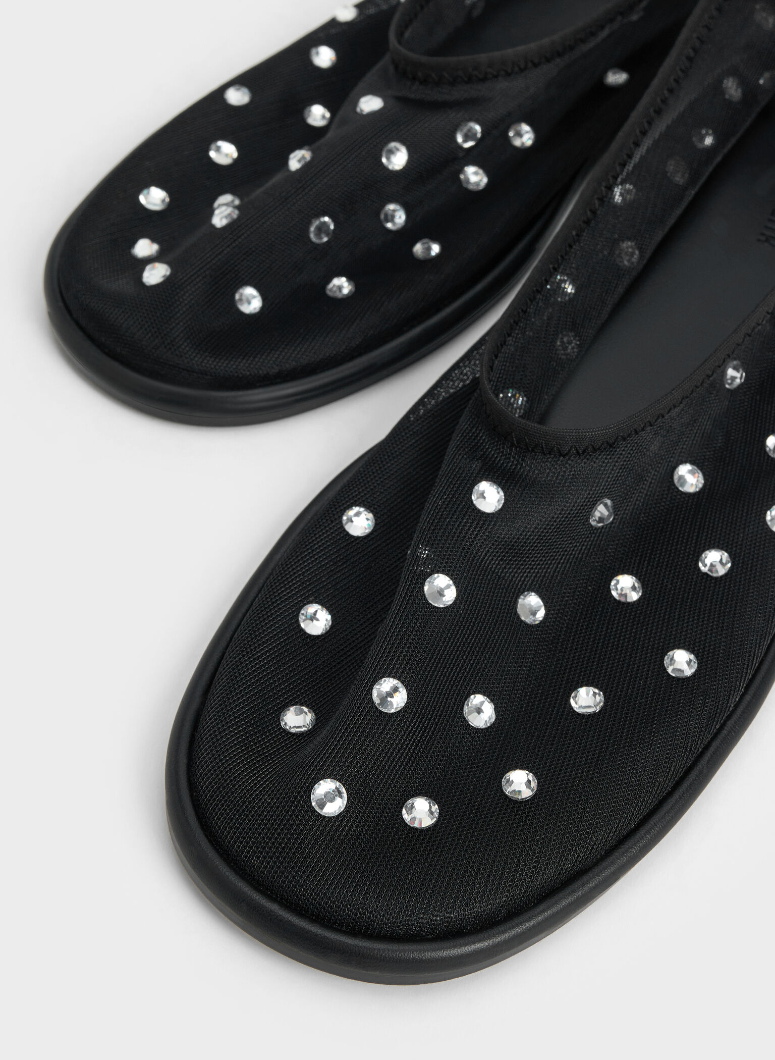 Mesh Gem-Embellished Ballet Flats, Black Textured, hi-res