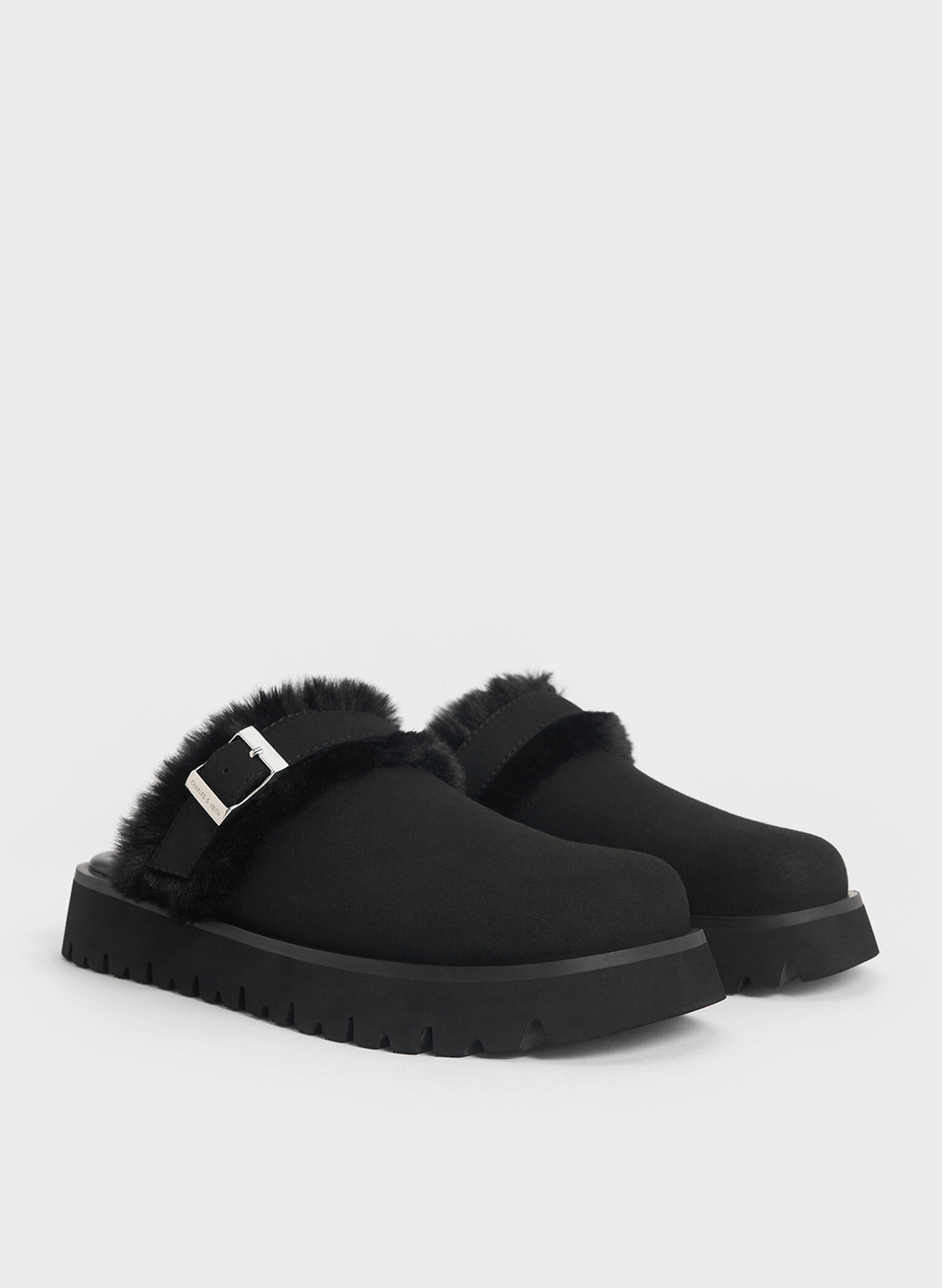 Hannah Textured Fur-Trim Buckled Mules, Black, hi-res