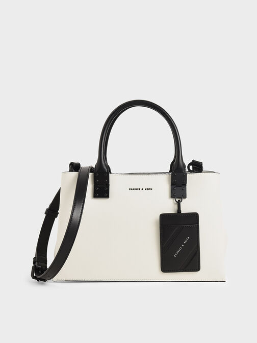 Double Top Handle Structured Bag, White, hi-res