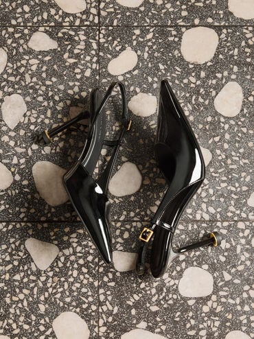 Wynn Patent Pointed-Toe Sculptural-Heel Slingback Pumps, Black Patent, hi-res