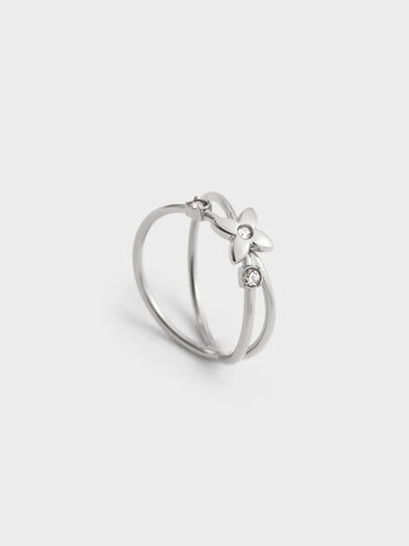 Felicity Flower-Motif Crystal Crossover Ring, Silver, hi-res