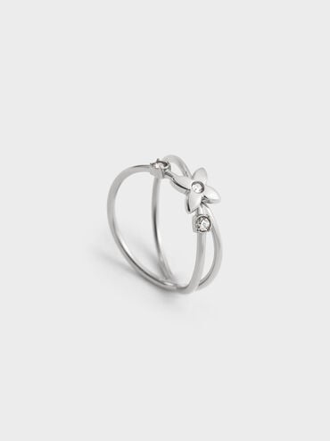 Felicity Flower-Motif Crystal Crossover Ring, Silver, hi-res