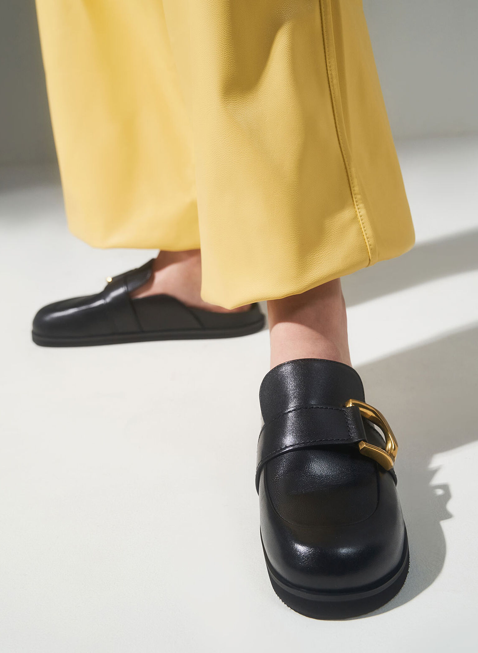 Gabine Buckled Leather Loafer Mules​, Black, hi-res