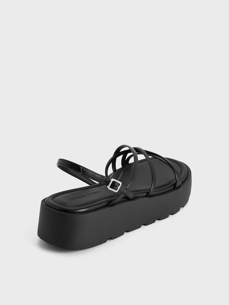 Strappy Ridged-Sole Flatform Sandals, Black, hi-res