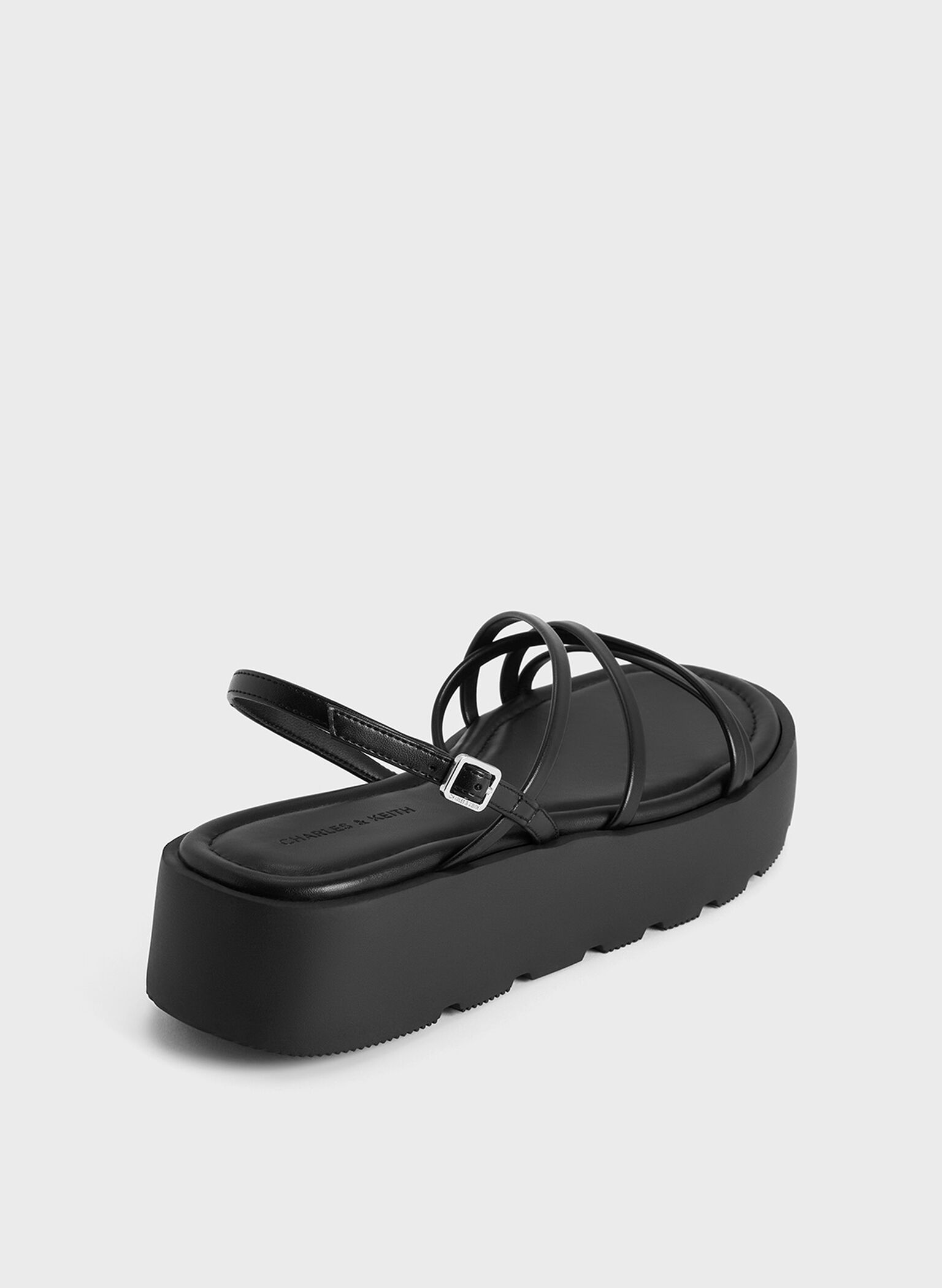 Strappy Ridged-Sole Flatform Sandals, Black, hi-res