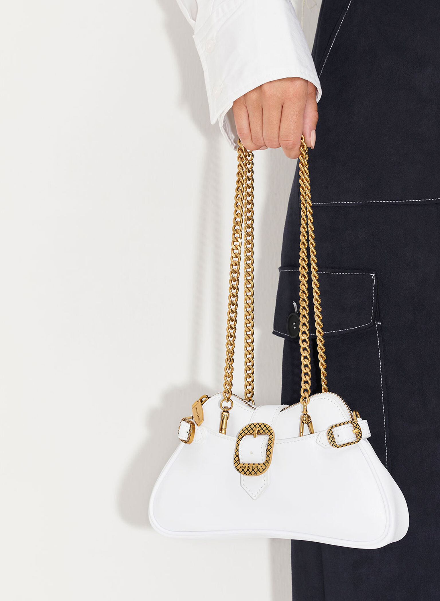 Eilith Chain-Handle Buckled Bag, White, hi-res