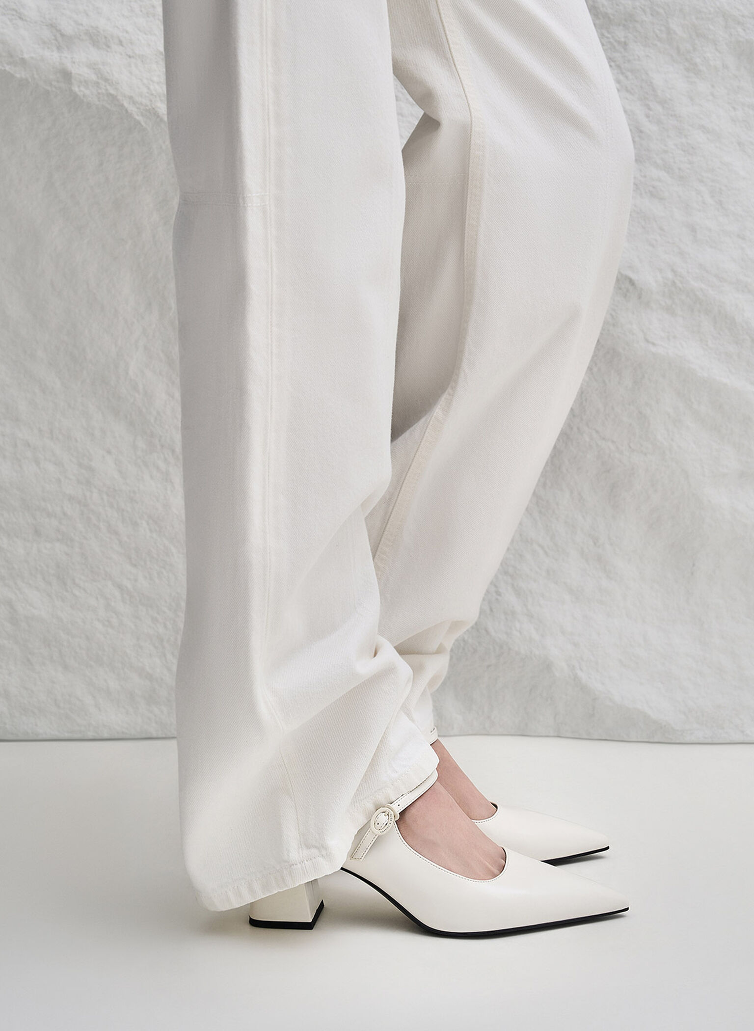 Pointed-Toe Mary Jane Pumps, White, hi-res
