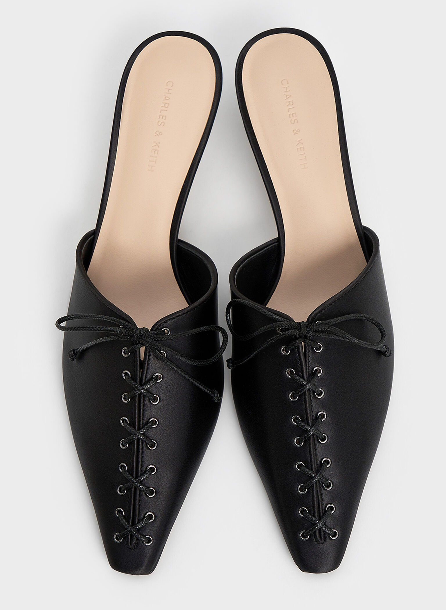 Satin Lace-Up Pointed-Toe Kitten-Heel Mules, Black Textured, hi-res