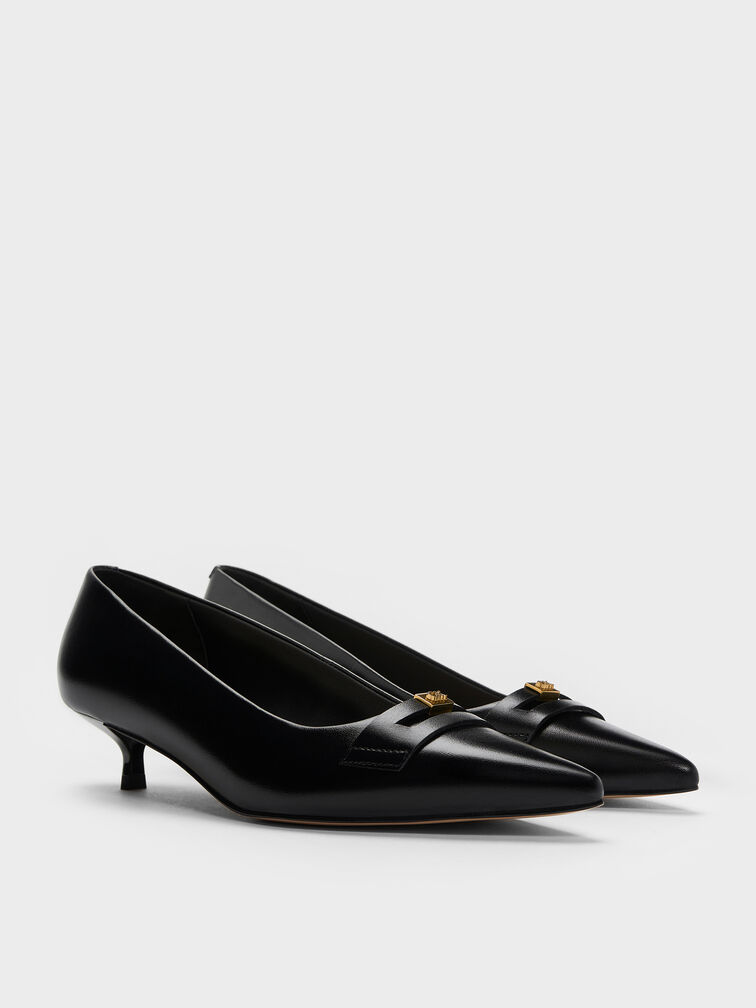Georgina Leather Pointed-Toe Kitten-Heel Pumps, Black, hi-res