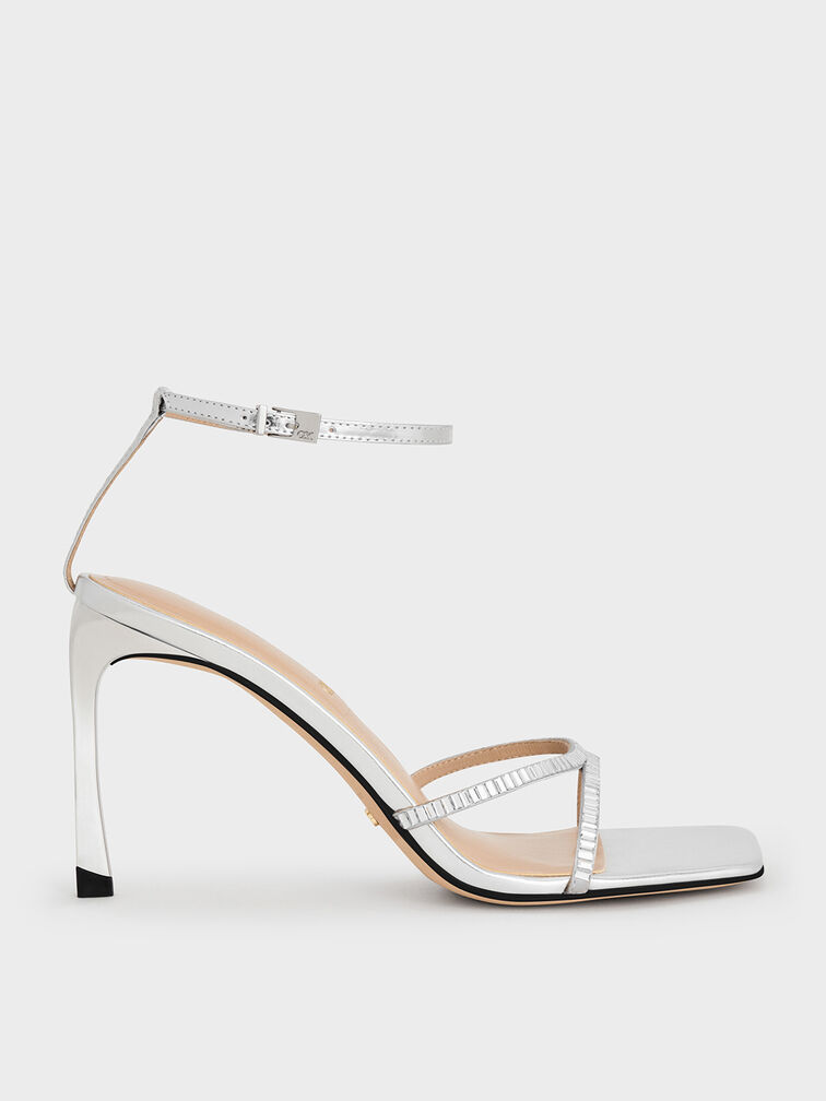 Metallic Leather & Satin Crystal-Embellished Ankle-Strap Sandals, Silver, hi-res