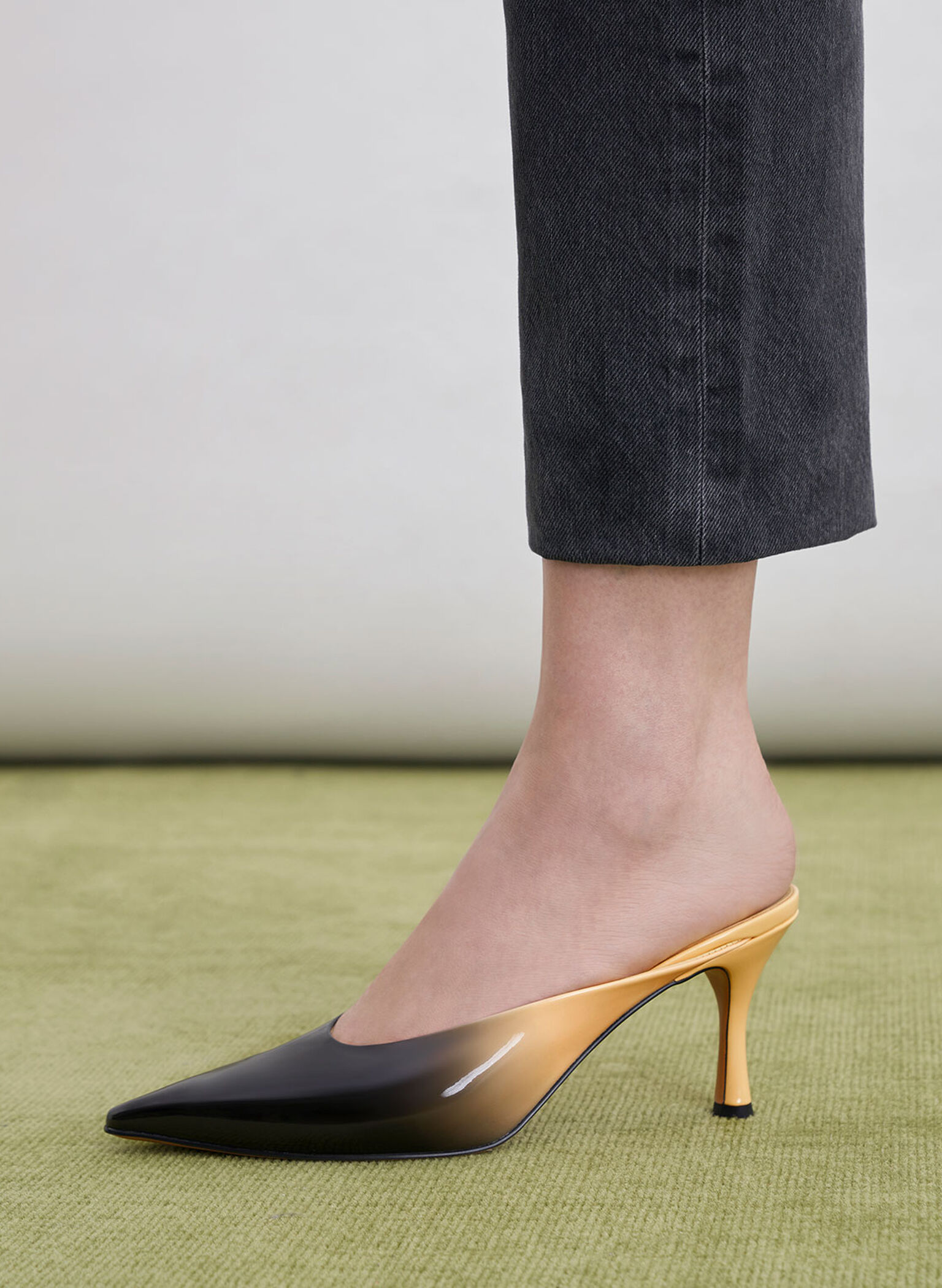 Patent Two-Tone Spool Heel Mules, Dark Grey, hi-res