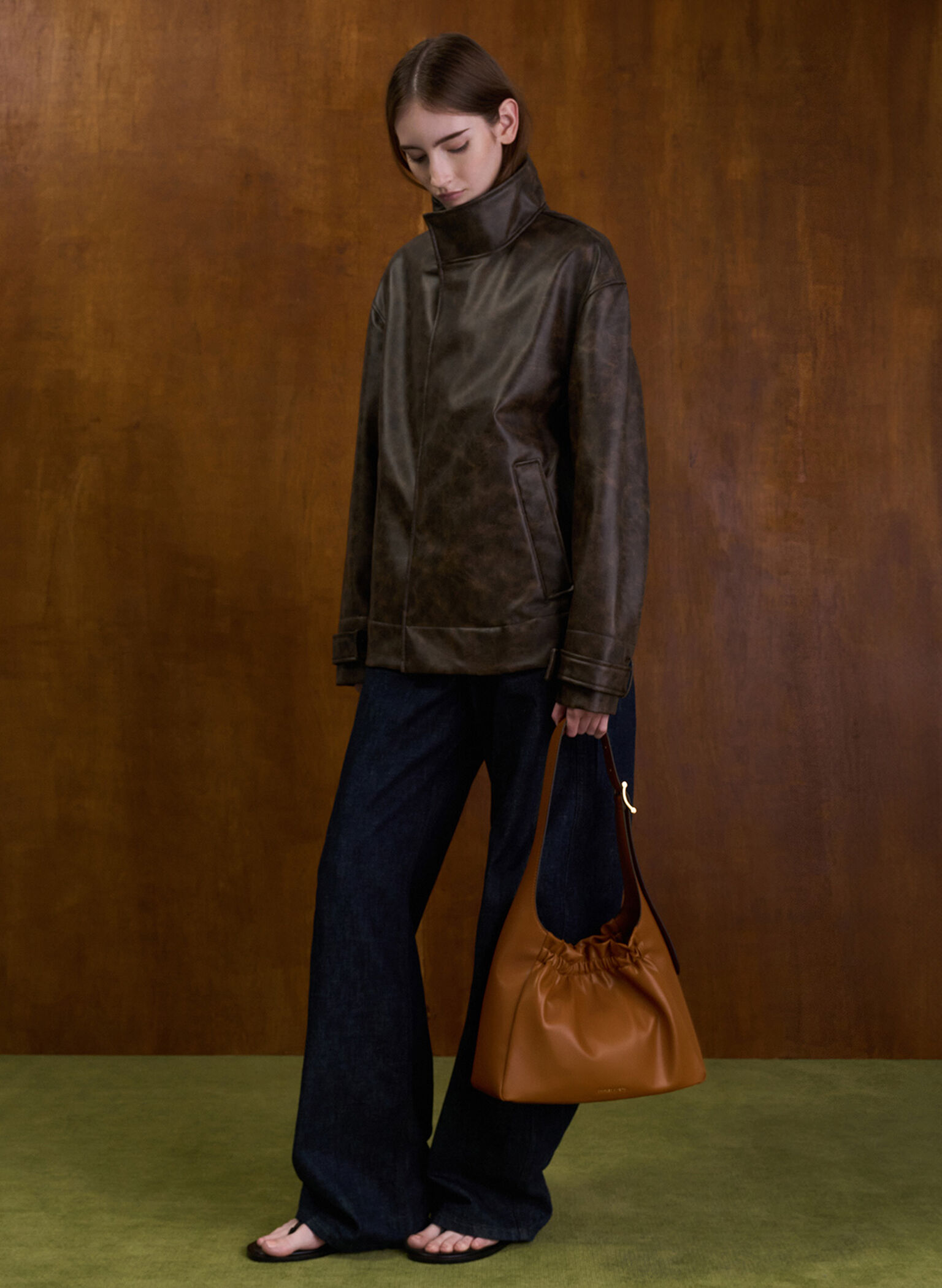 Brigette Ruched Shoulder Bag, Brown, hi-res