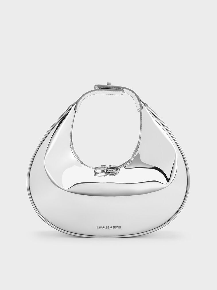 Metallic Crescent Hobo Bag, Silver, hi-res