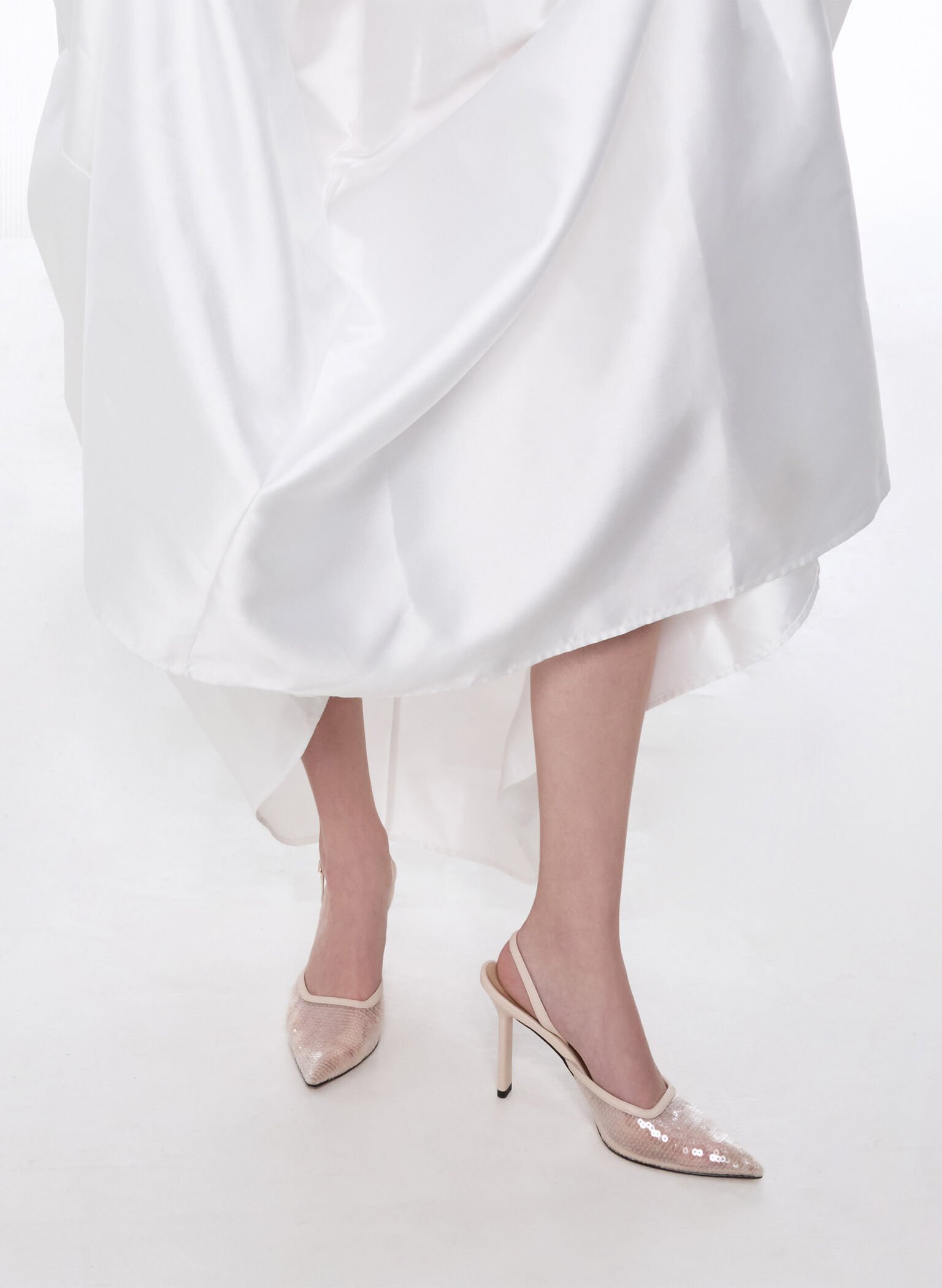 Sequin Mesh & Leather Pointed-Toe Slingback Pumps, Nude, hi-res