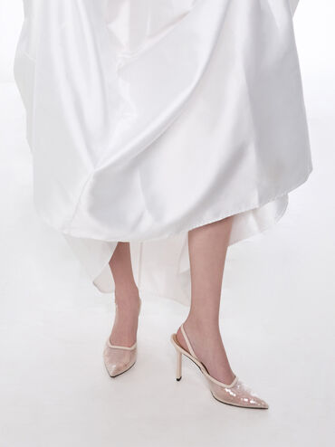 Sequin Mesh & Leather Pointed-Toe Slingback Pumps, Nude, hi-res