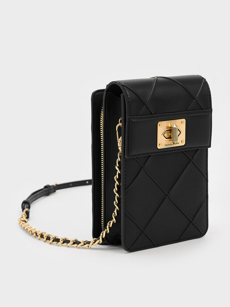 Eleni Quilted Elongated Crossbody Bag, Black, hi-res