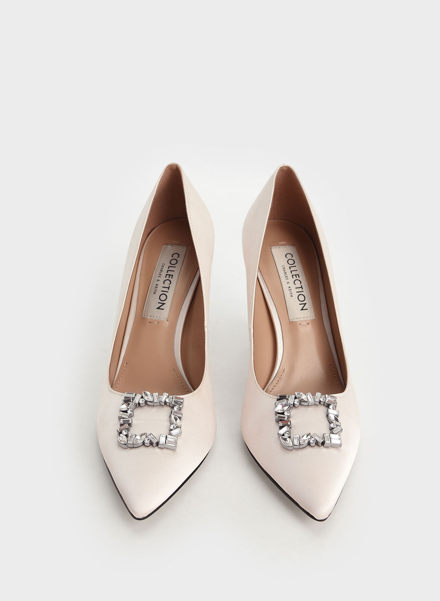 Satin Gem-Embellished Pumps, Cream, hi-res