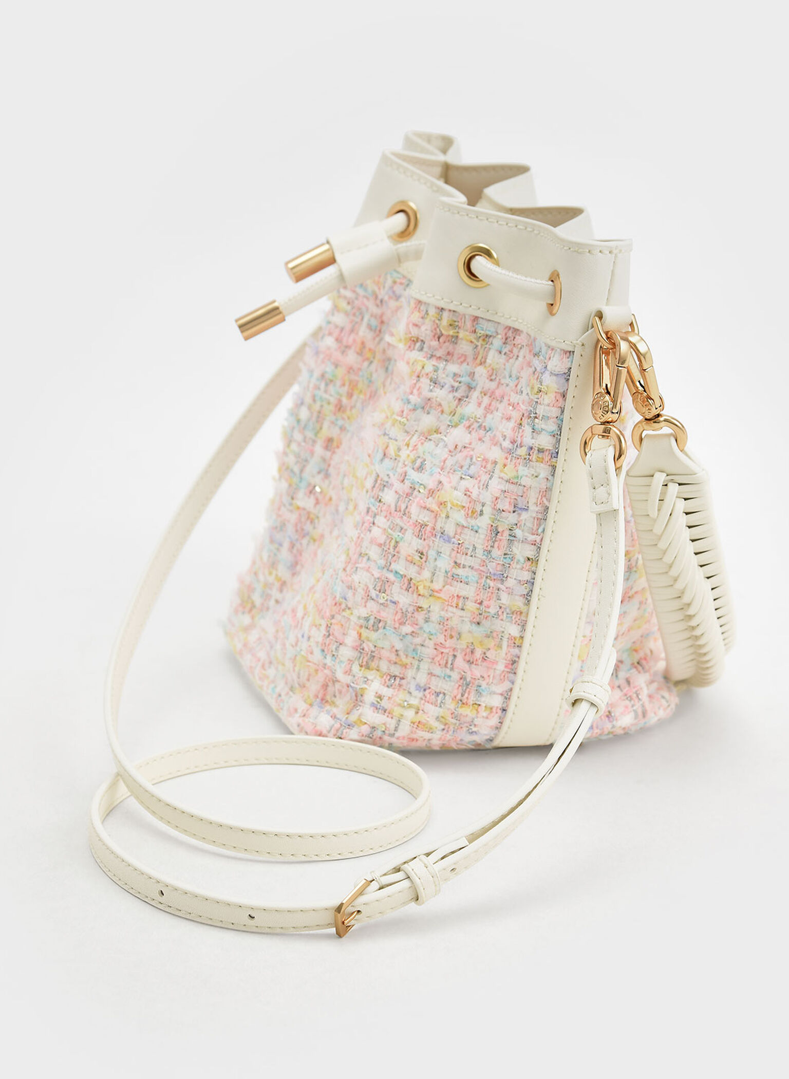Woven Handle Tweed Bucket Bag, Light Pink, hi-res