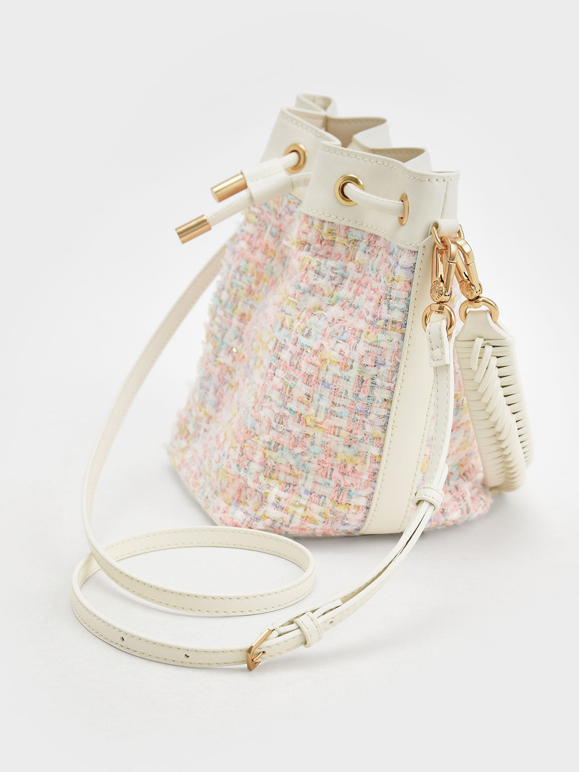 Tweed Drawstring Bucket Bag, Light Pink, hi-res