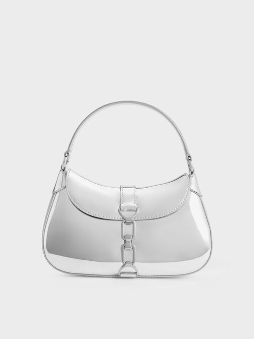 Agatha Metallic Chain-Accent Hobo Bag, Silver, hi-res