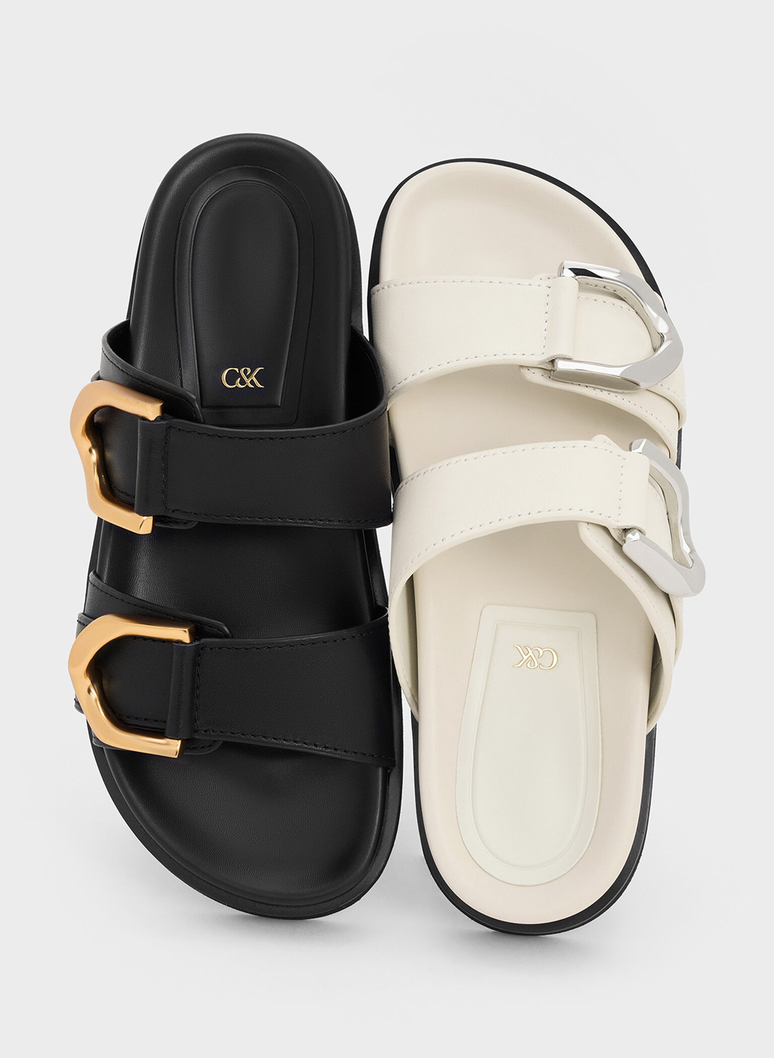 Gabine Buckled Leather Slides, Black, hi-res