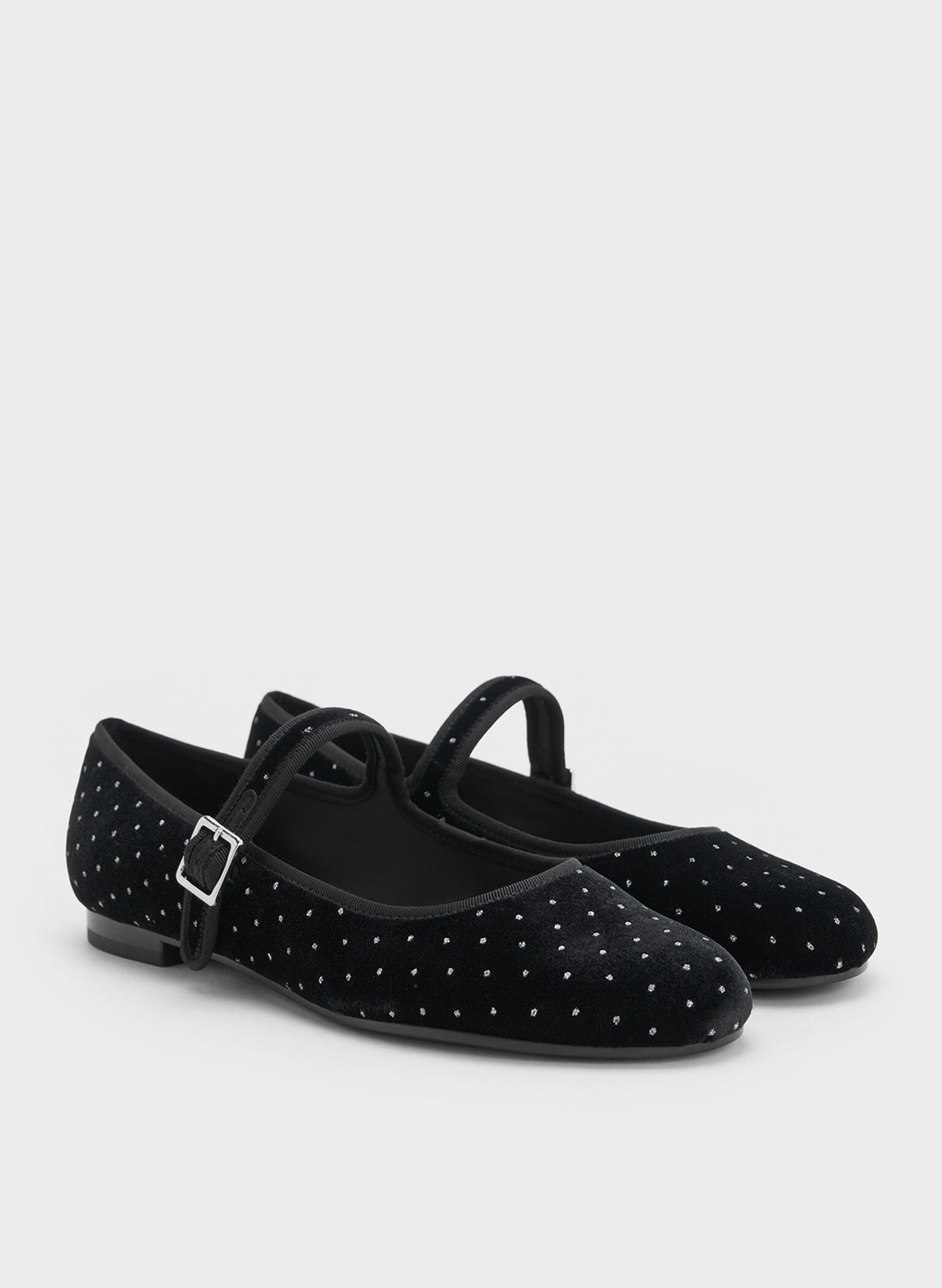 Carmel Velvet Dotted Buckled Mary Jane Flats, Black Textured, hi-res