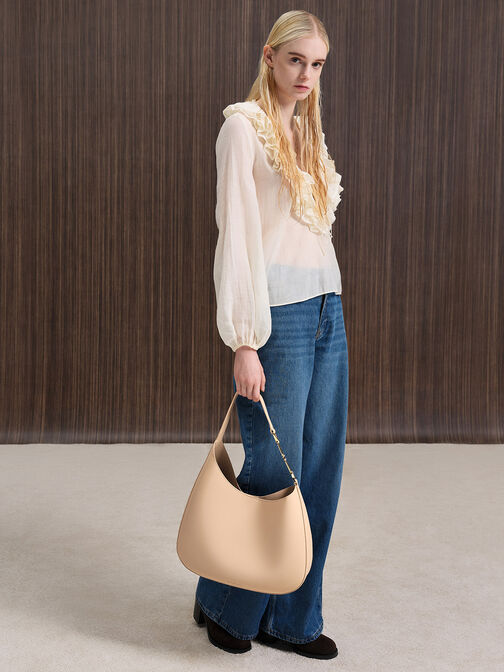 Agatha Chain-Accent Slouchy Hobo Bag, Beige, hi-res