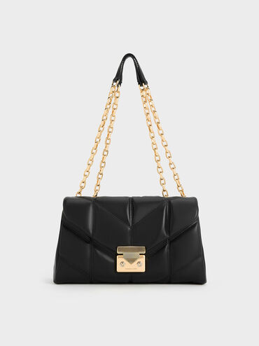 Eudora Chevron Trapeze Bag, Black, hi-res