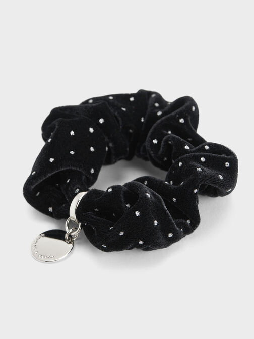 Velvet Dotted Scrunchie, Black Textured, hi-res