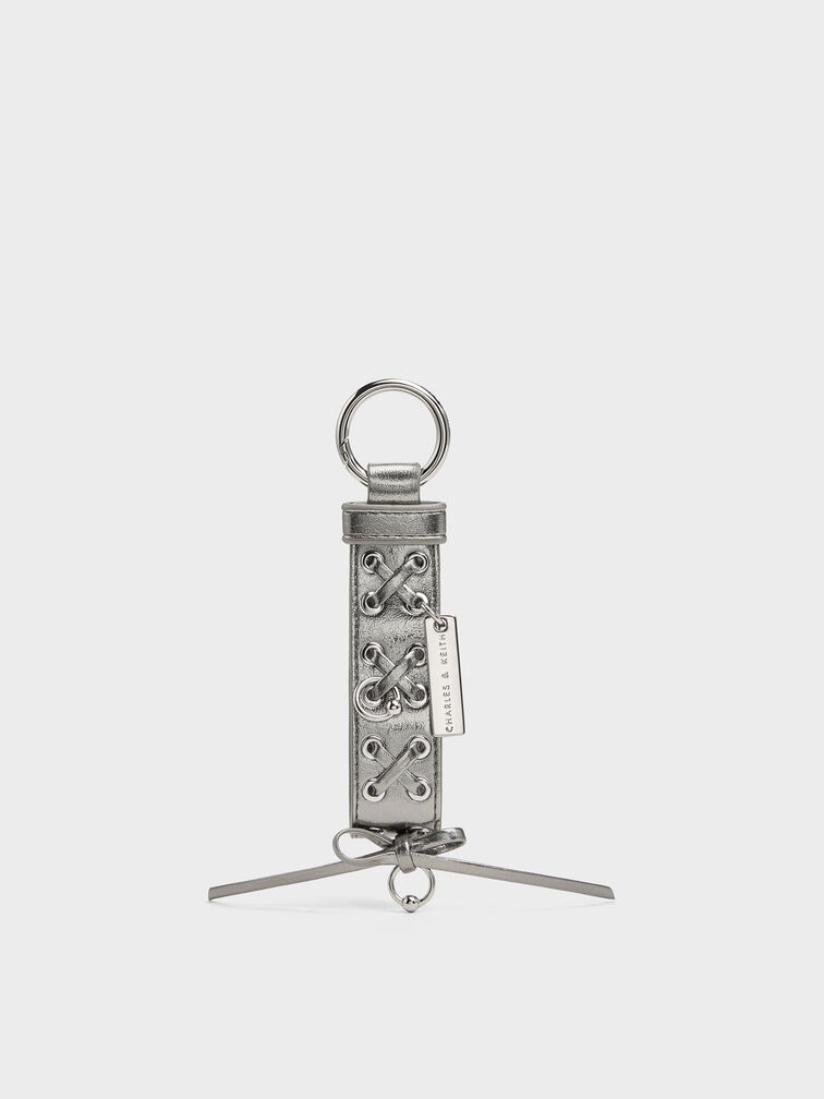 Grommet Lace-Up Bag Charm, Pewter, hi-res