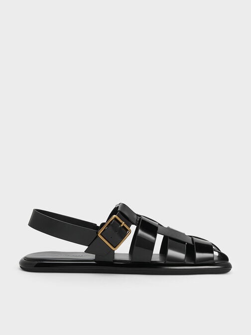 Metallic Buckle Caged Patent Slingback Sandals, Black Patent, hi-res