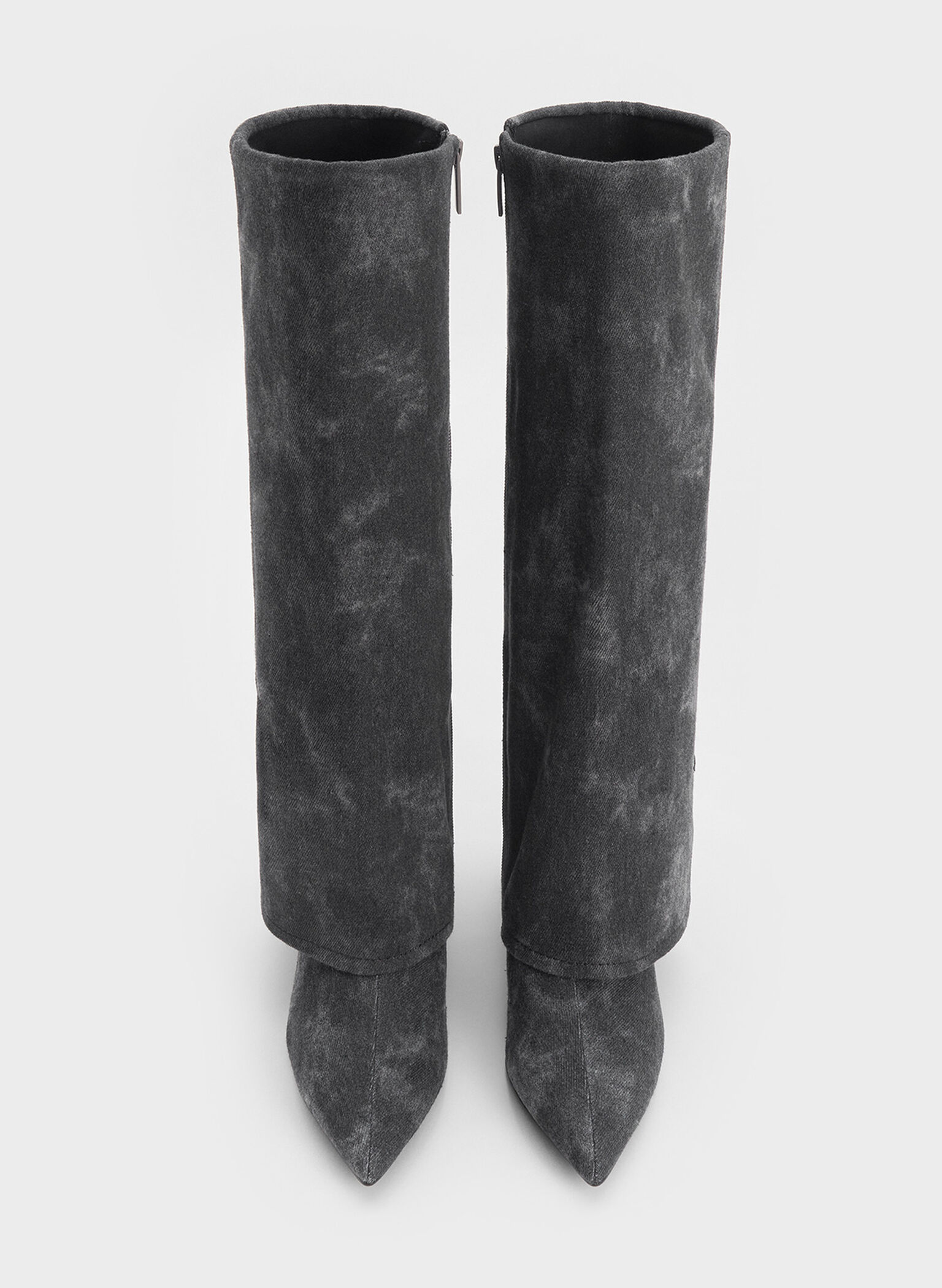 Denim Fold-Over Pointed-Toe Knee-High Boots, Dark Grey, hi-res