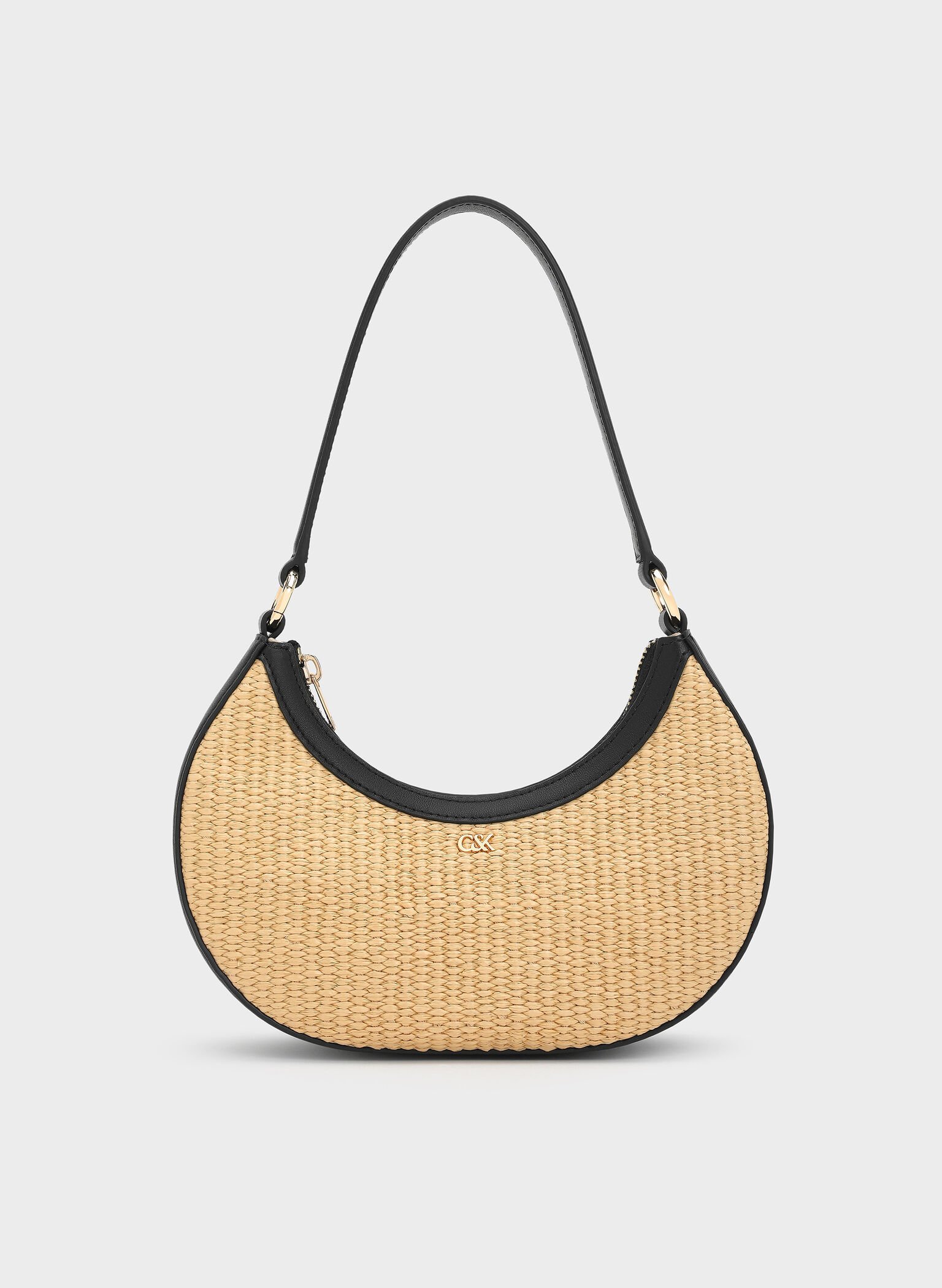 Leather & Raffia Crescent Hobo Bag, Neutral Raffia, hi-res