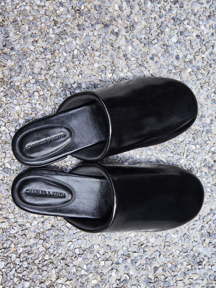 Padded Covered Flat Mules, Black, hi-res