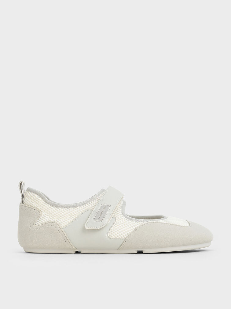 Mesh Contrast-Panel Mary Jane Sneakers, White, hi-res