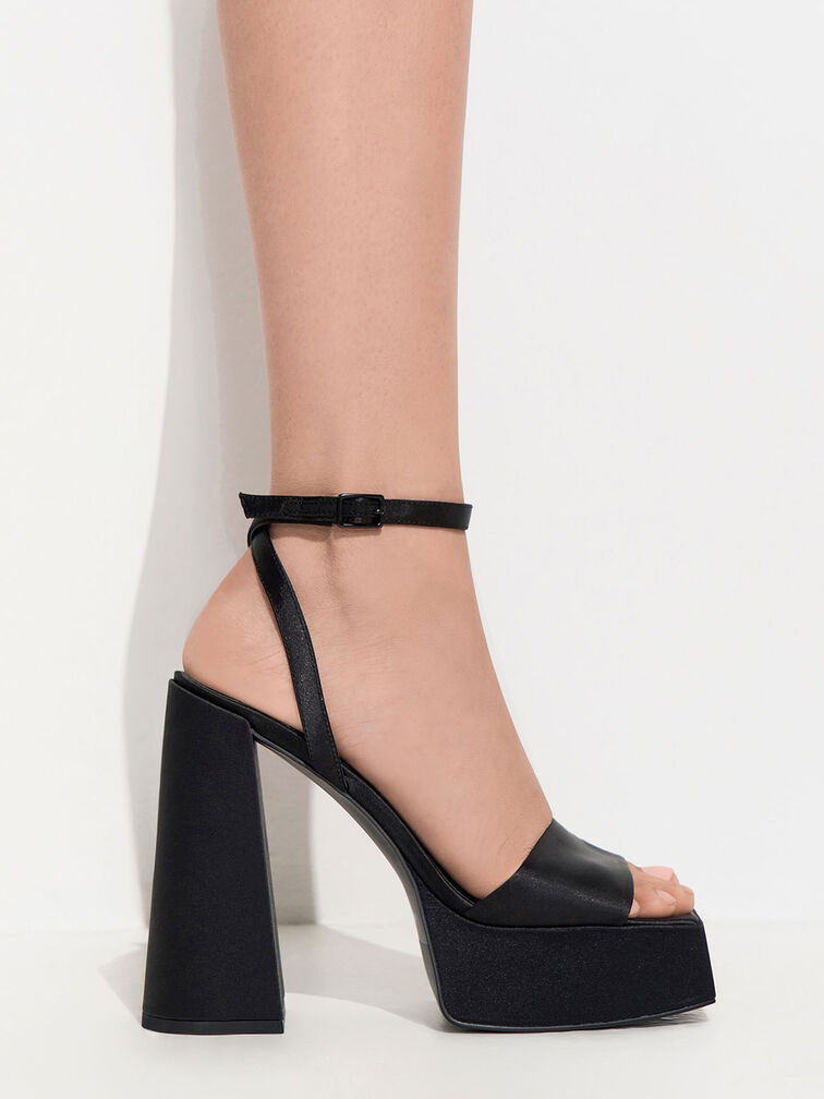 Recycled Polyester Ankle-Strap Platform Sandals, Black Textured, hi-res