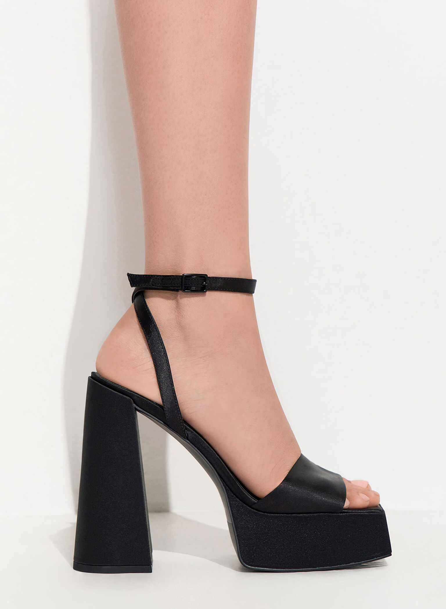 Recycled Polyester Ankle-Strap Platform Sandals, Black Textured, hi-res