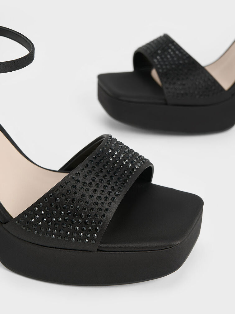 Recycled Polyester Crystal-Embellished Platform Sandals, Black Textured, hi-res