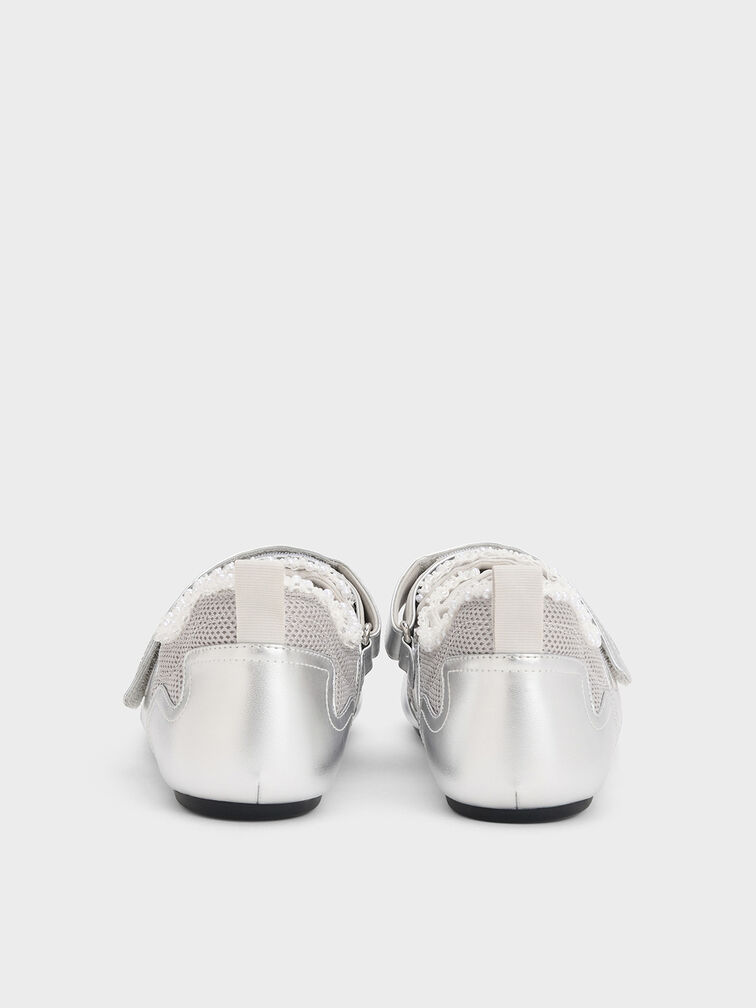 Metallic Mesh Pearl-Embellished Mary Jane Sneakers, Silver, hi-res