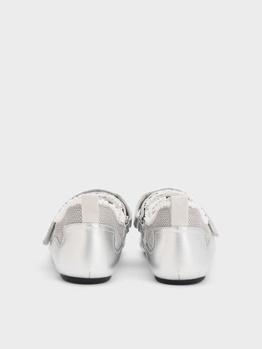 Metallic Mesh Pearl-Embellished Mary Jane Sneakers, Silver, hi-res